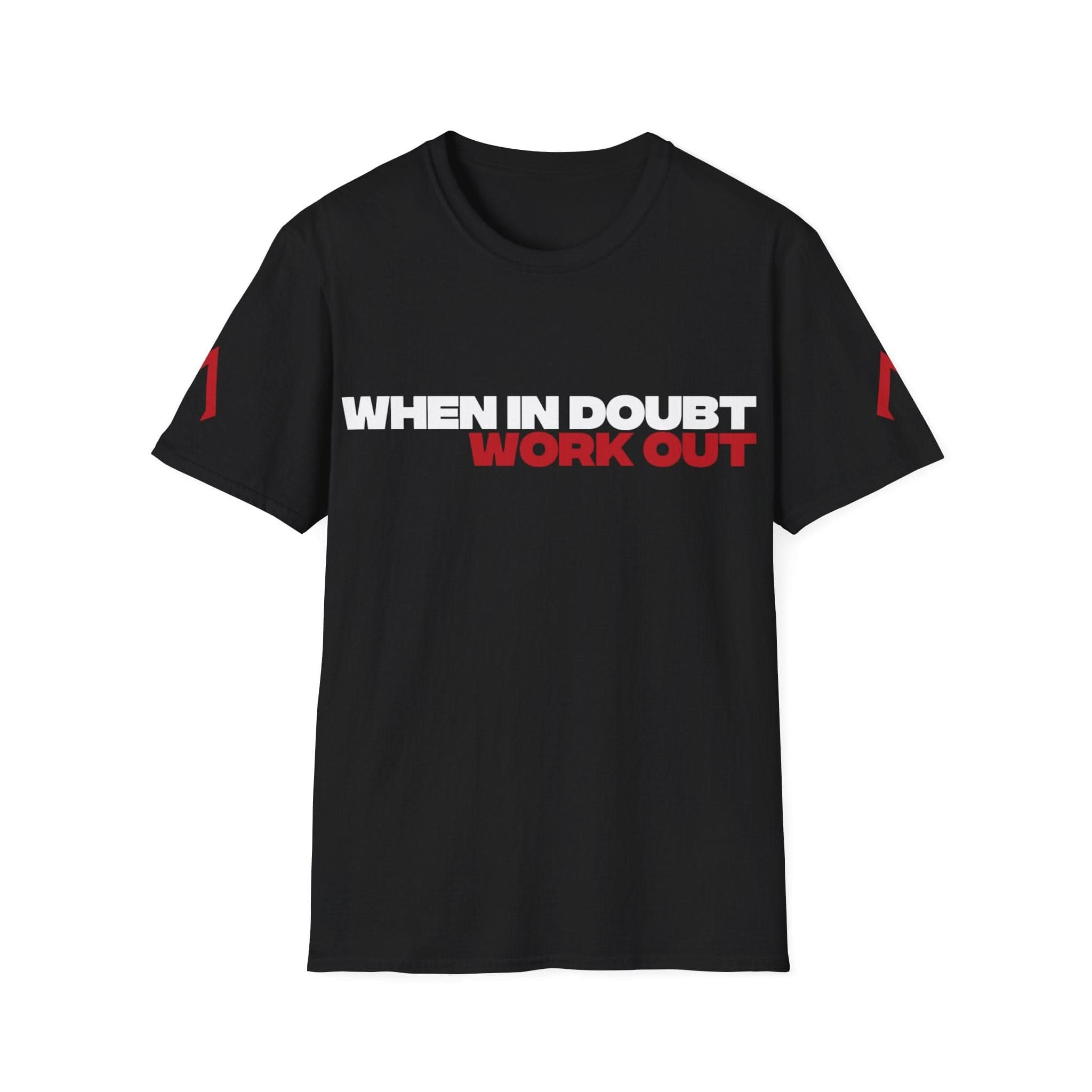 Flat lay of a Black Softstyle T Shirt - Soft gym t shirt with the inspirational slogan 'When in doubt Work Out' - Best affordable workout clothes from hard apparel featuring a stylish design on tshirts