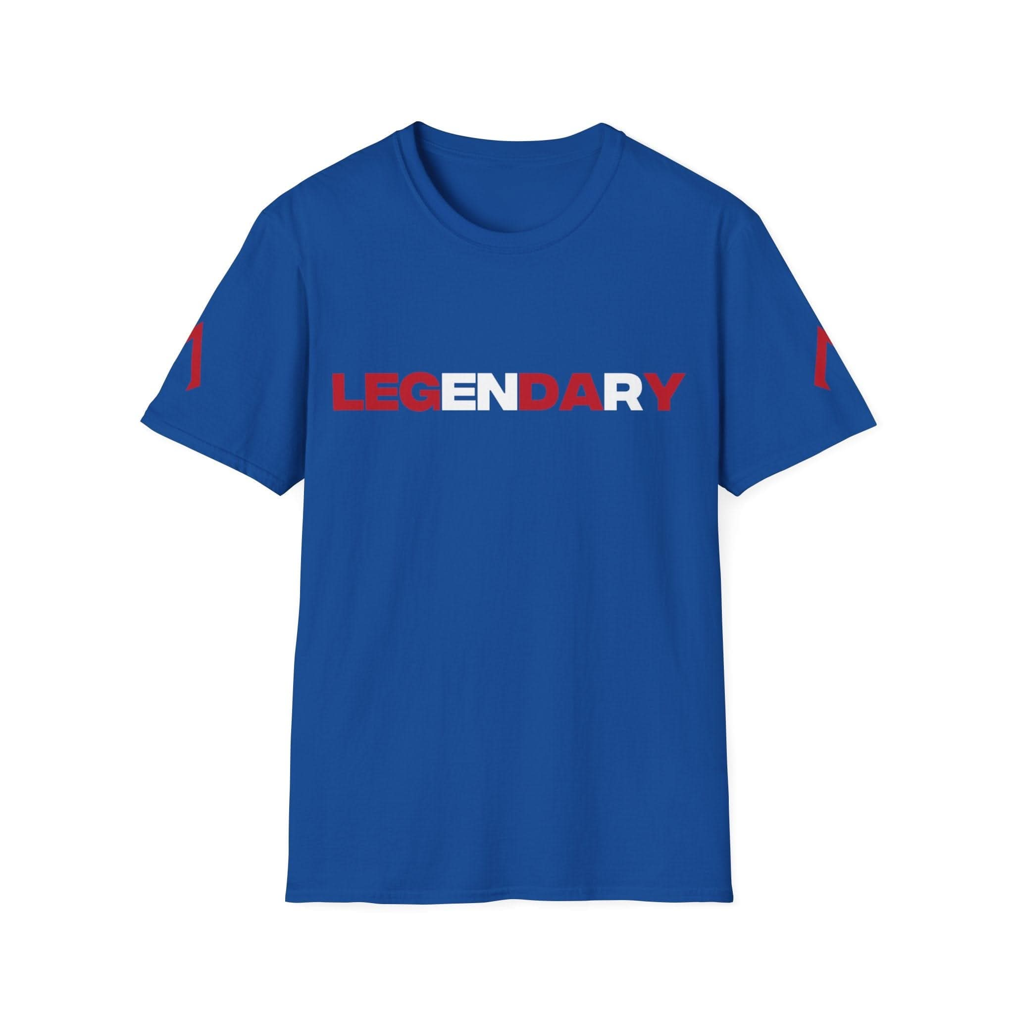 Flat lay of a royal blue Softstyle T shirt with the slogan 'Legendary' on - Perfect for fitness clothes, available at tee shirts stores near me, and ideal shirts to workout in