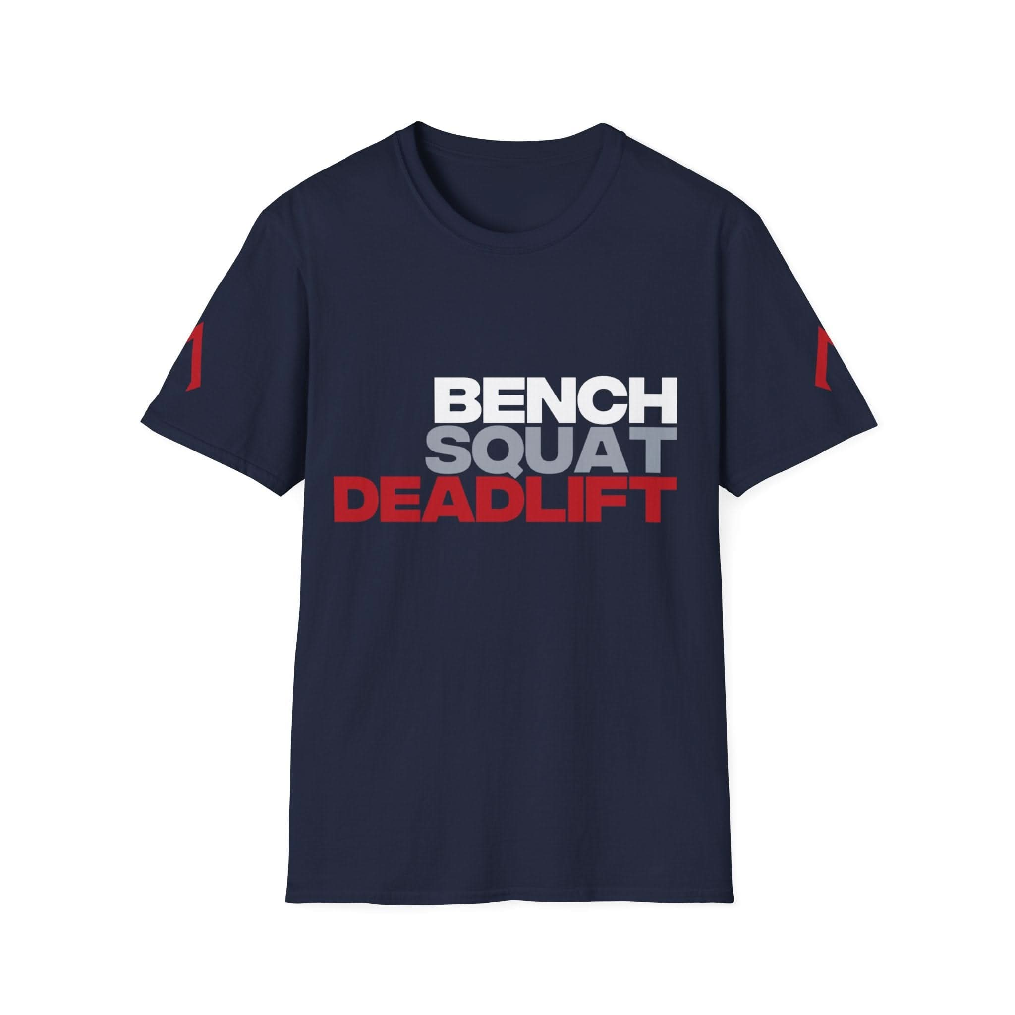 Flat lay of a navy softstyle t-shirt - Softstyle Tee with the slogan 'Hench' on - perfect for active wear women. This t-shirt is an excellent option for those seeking cheap soft t shirts. Ideal to order t shirts for business.