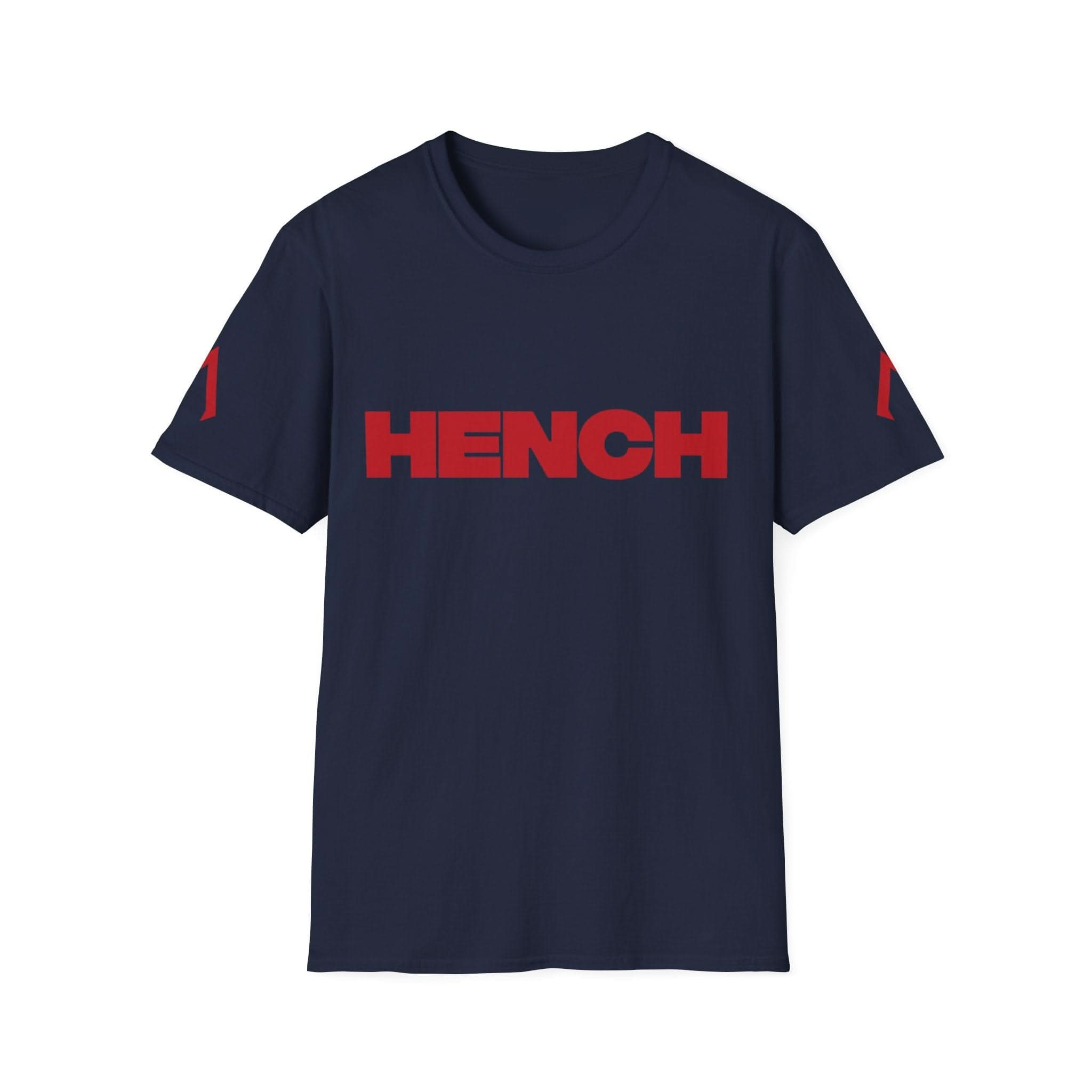 A flat lay image showcases a navy softstyle t-shirt. The shirt features a bold print with the slogan "Hench" on the front, emphasizing strength and fitness. This Softstyle Tee with the slogan "Hench" on is perfect for gym enthusiasts looking for the best workout clothes. The design highlights modern apparel designs, making it a stylish addition to any wardrobe. This versatile piece is part of a collection of t shirts and more, suitable for various casual and athletic occasions.