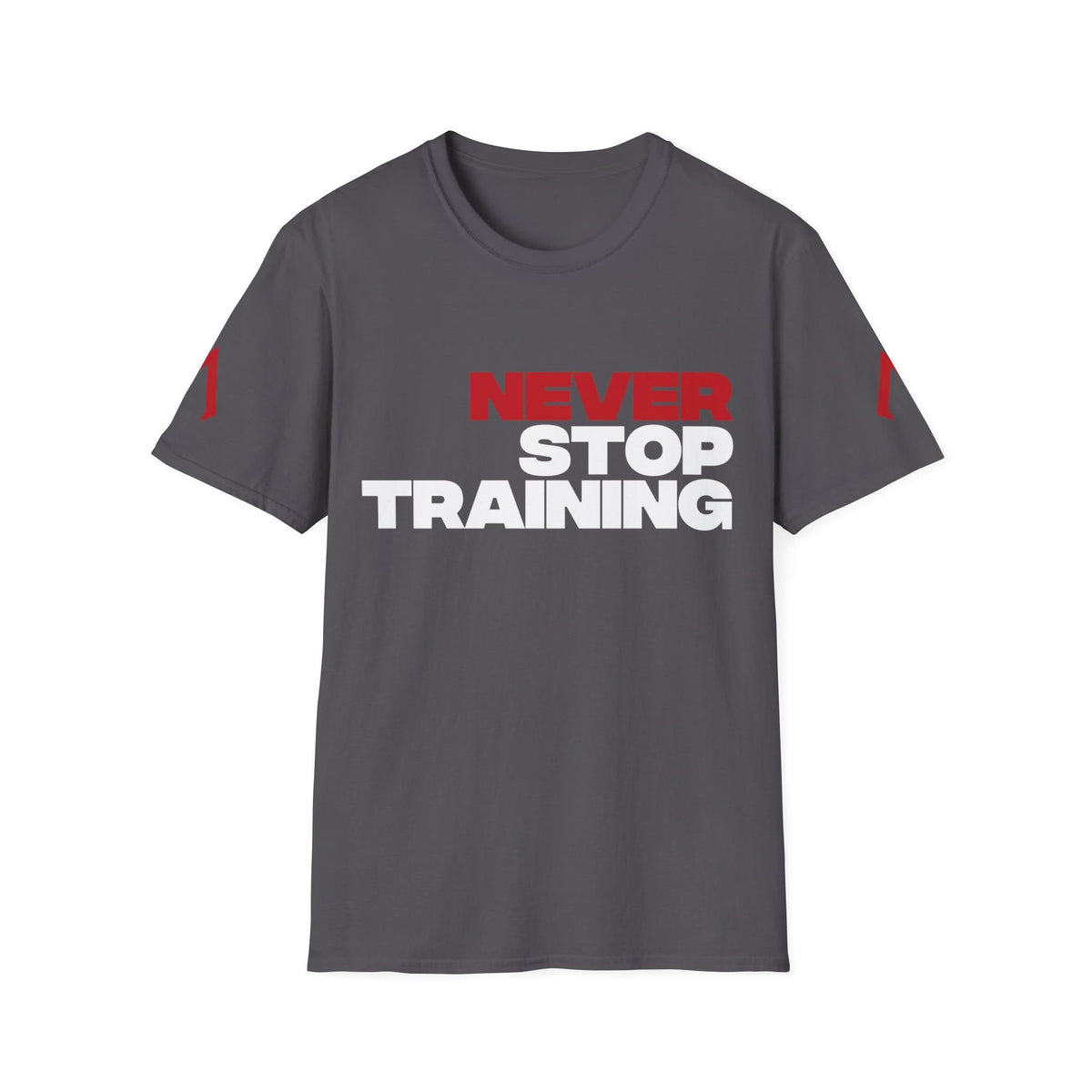 Charcoal Softstyle Tee displayed flat, showcasing a fitted gym t shirt with the motivational quote 'Never Stop Training.' Ideal for gym apparel stores near me and perfect to shop fitness clothing. This on fire tee shirt is a must-have for any fitness enthusiast.