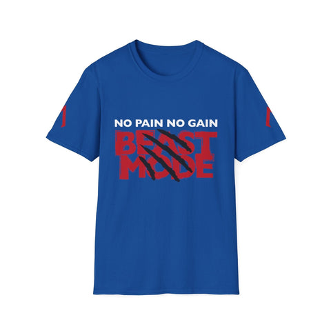 The image shows a royal blue t-shirt with a motivational design. The text on the t-shirt reads "NO PAIN NO GAIN" in white letters at the top, and "BEAST MODE" in large red letters below. The words "BEAST MODE" have black claw marks slashed through them, creating a fierce and rugged appearance. There are also red markings on the sleeves.