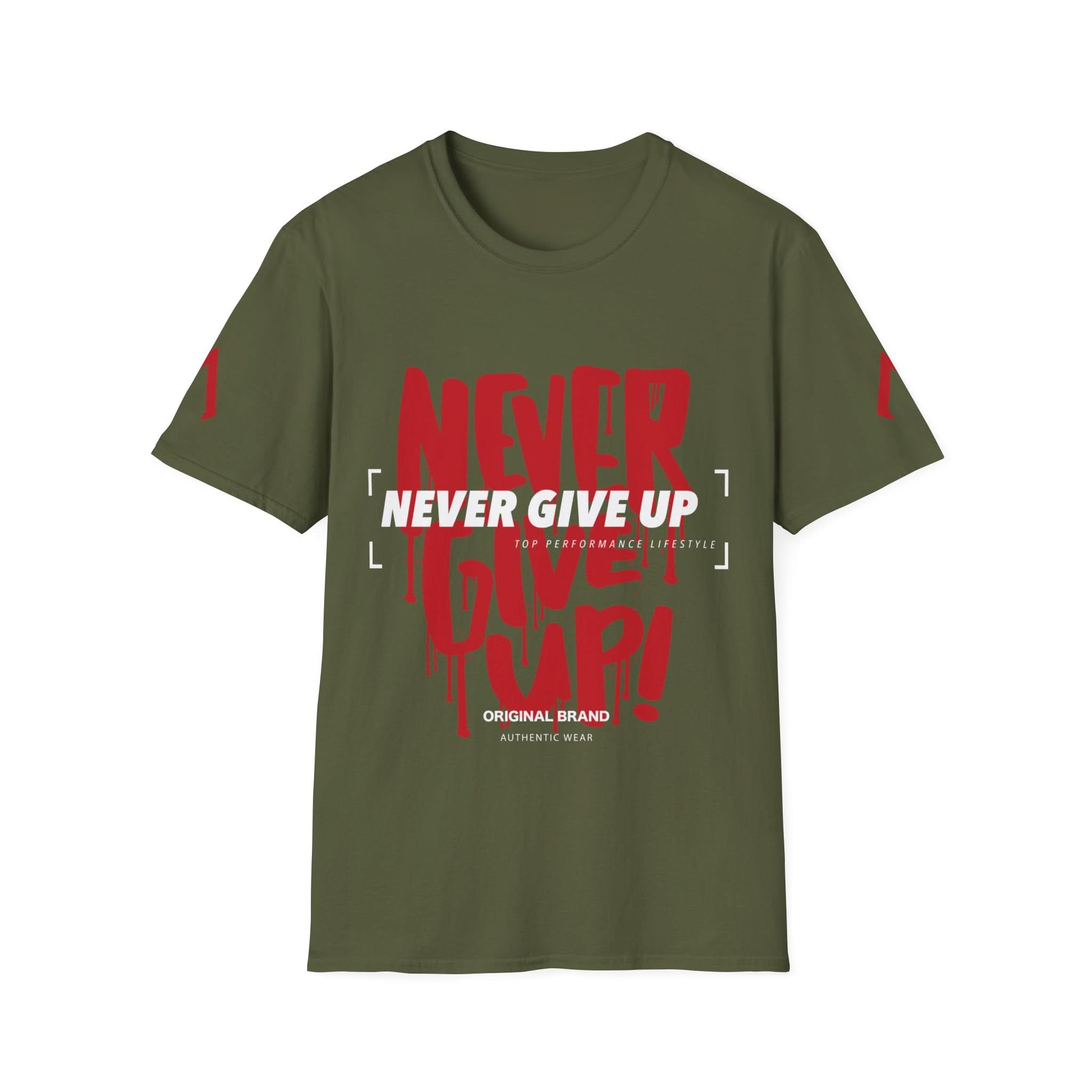 The image shows an olive green t-shirt with a motivational design. The main text, "NEVER GIVE UP," is in large, red, dripping letters resembling graffiti. Overlaid in bold white letters is "NEVER GIVE UP" again, standing out prominently. Below this, in smaller white text, it reads "TOP PERFORMANCE LIFESTYLE." At the bottom, "ORIGINAL BRAND" and "AUTHENTIC WEAR" are printed in white. The design emphasizes persistence and determination.