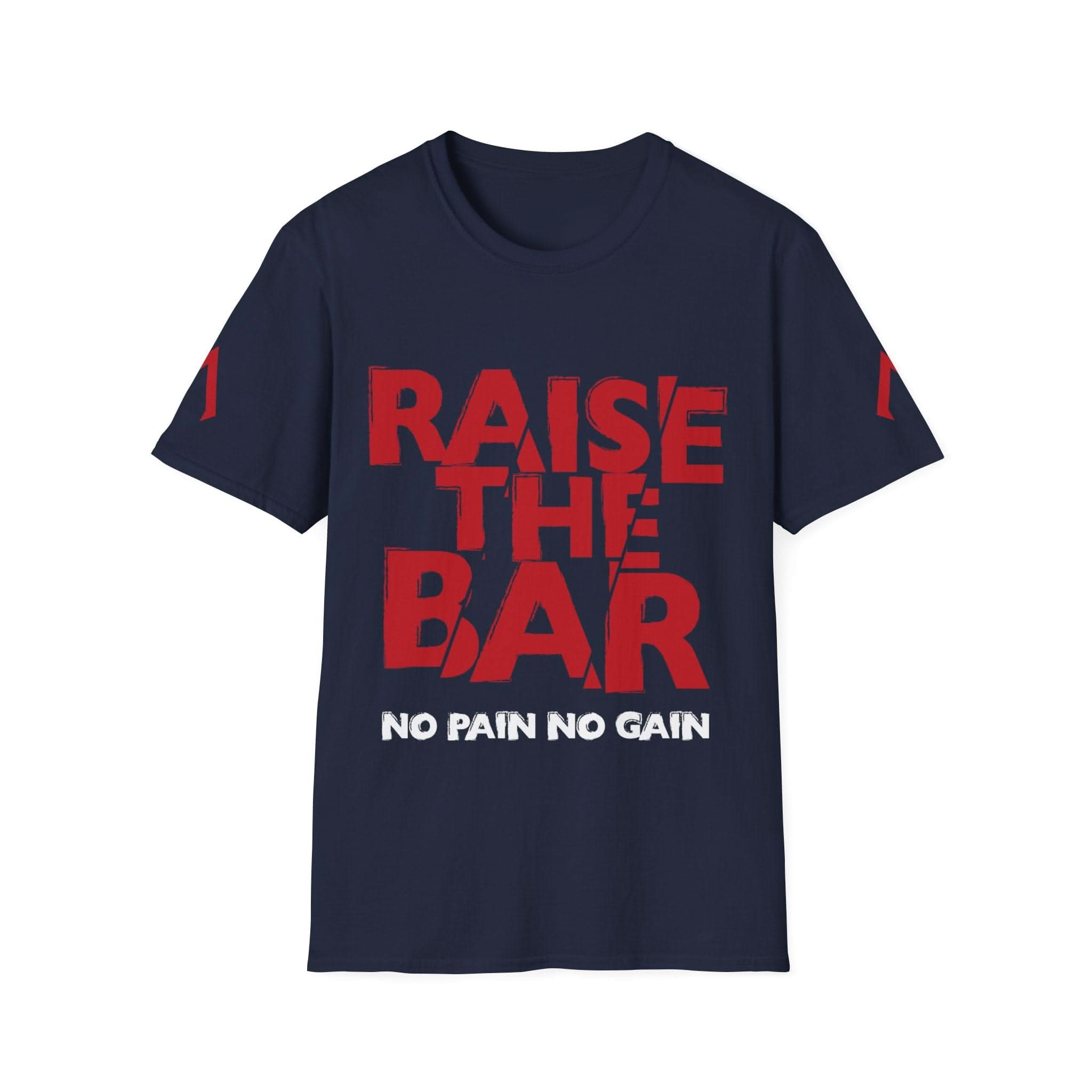 A flat lay photo featuring a navy softstyle t-shirt positioned neatly on a light grey background. The t-shirt is adorned with the slogan "Raise the bar, no pain, no gain" printed prominently on the chest in bold, white lettering. Surrounding the t-shirt is a white background. This arrangement highlights the availability of workout wear near me and emphasizes the stylish and functional appeal of this t shirt le.