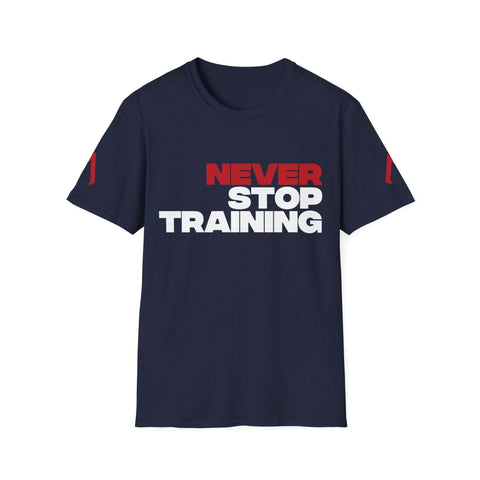 Flat lay of a navy softstyle t-shirt, featuring a fitted gym t-shirt with the motivational quote 'Never Stop Training' - Highlighting the best gym gear, ideal active sports t shirts, and affordable tshirts prices.