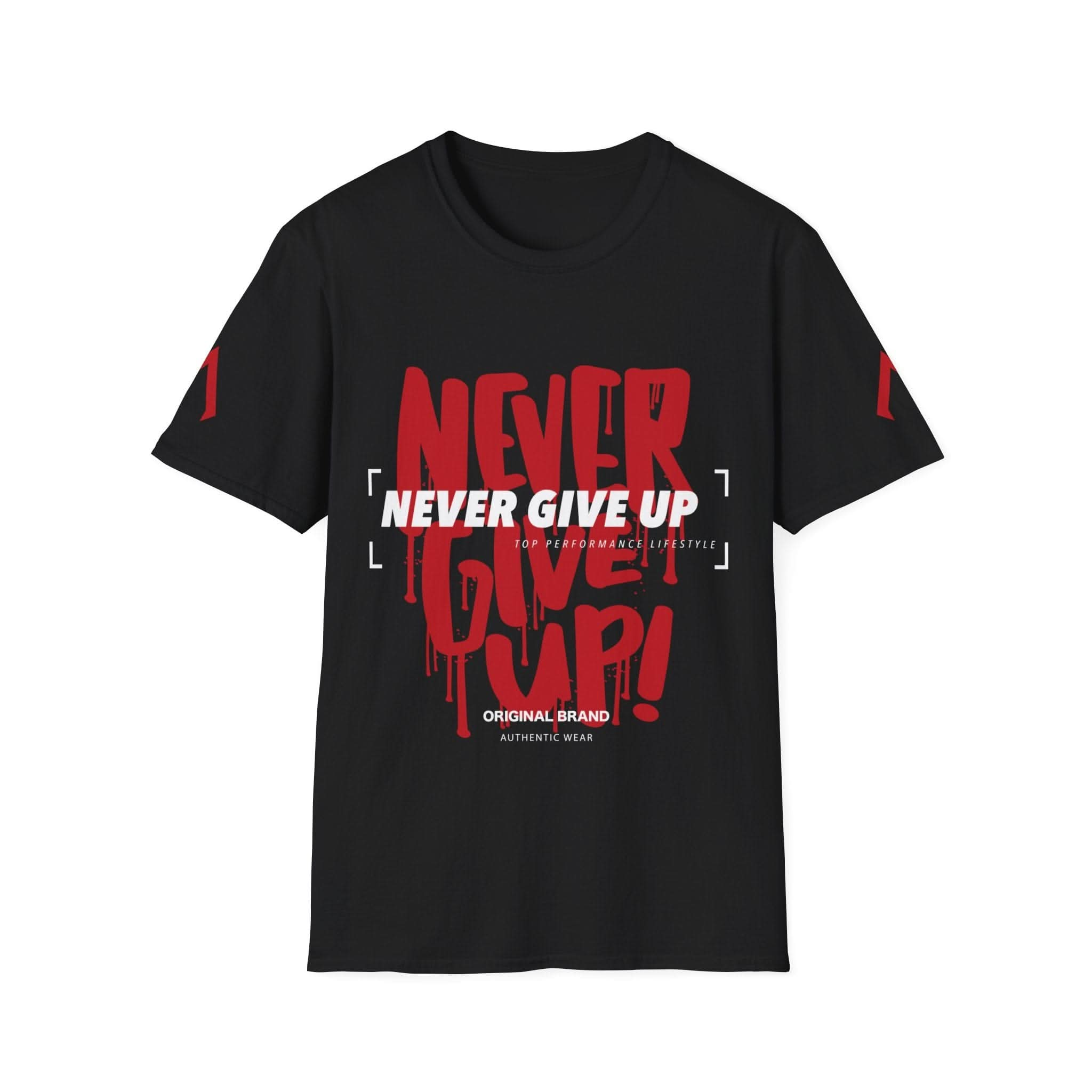 The image shows a black t-shirt with a bold, motivational design. The main text, "NEVER GIVE UP," is in large, red, dripping letters resembling graffiti. Overlaid in white bold letters is "NEVER GIVE UP" again, standing out prominently. Below this, in smaller white text, it reads "TOP PERFORMANCE LIFESTYLE." At the bottom, "ORIGINAL BRAND" and "AUTHENTIC WEAR" are printed in white. The design emphasizes persistence and determination.