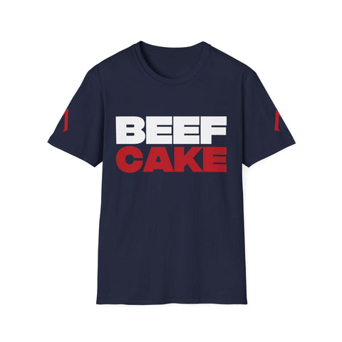 The image shows a navy softstyle t-shirt with a bold design. The text “BEEF CAKE” is printed in large capital letters, with “BEEF” in white and “CAKE” in red. The shirt also features red vertical stripes on both sleeves. This t-shirt is suitable as one of the best gym shirts mens, ideal for those looking for fitness trainer shirts, and is also great for work out shirts women.