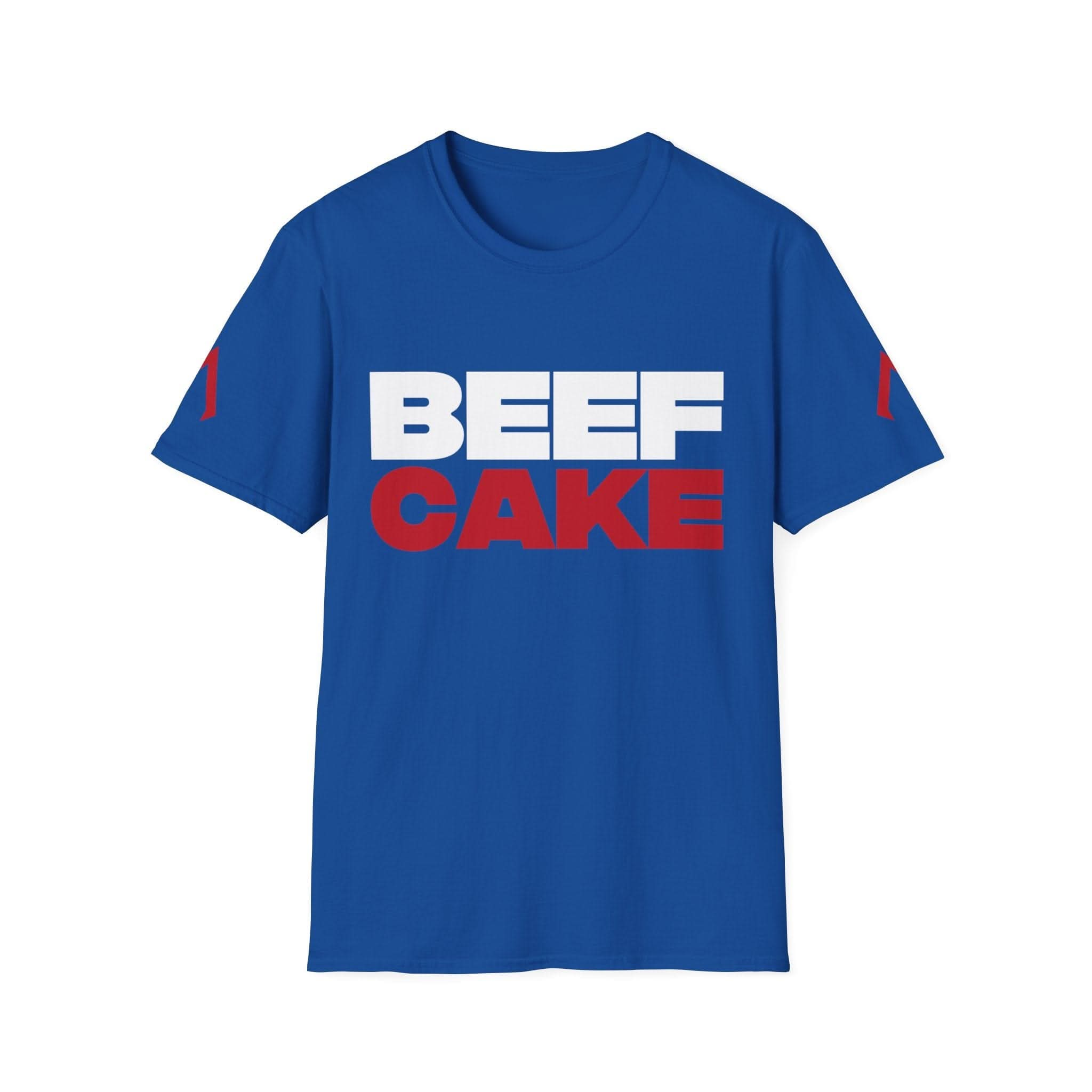 The image shows a royal blue softstyle t-shirt with a bold design. The text “BEEF CAKE” is printed in large capital letters, with “BEEF” in white and “CAKE” in red. The shirt also features red vertical stripes on both sleeves. This t-shirt is ideal as one of the best workout t-shirts women’s, suitable for men’s fitted workout shirts, and is perfect as a full gym t-shirt.