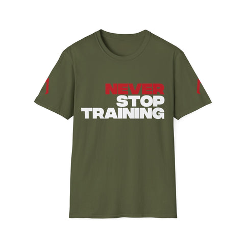 Flat lay of a Military Green softstyle T Shirt - fitted gym t shirt with the motivational quote 'Never Stop Training' - best gym apparel - discount workout gear - t shirt what