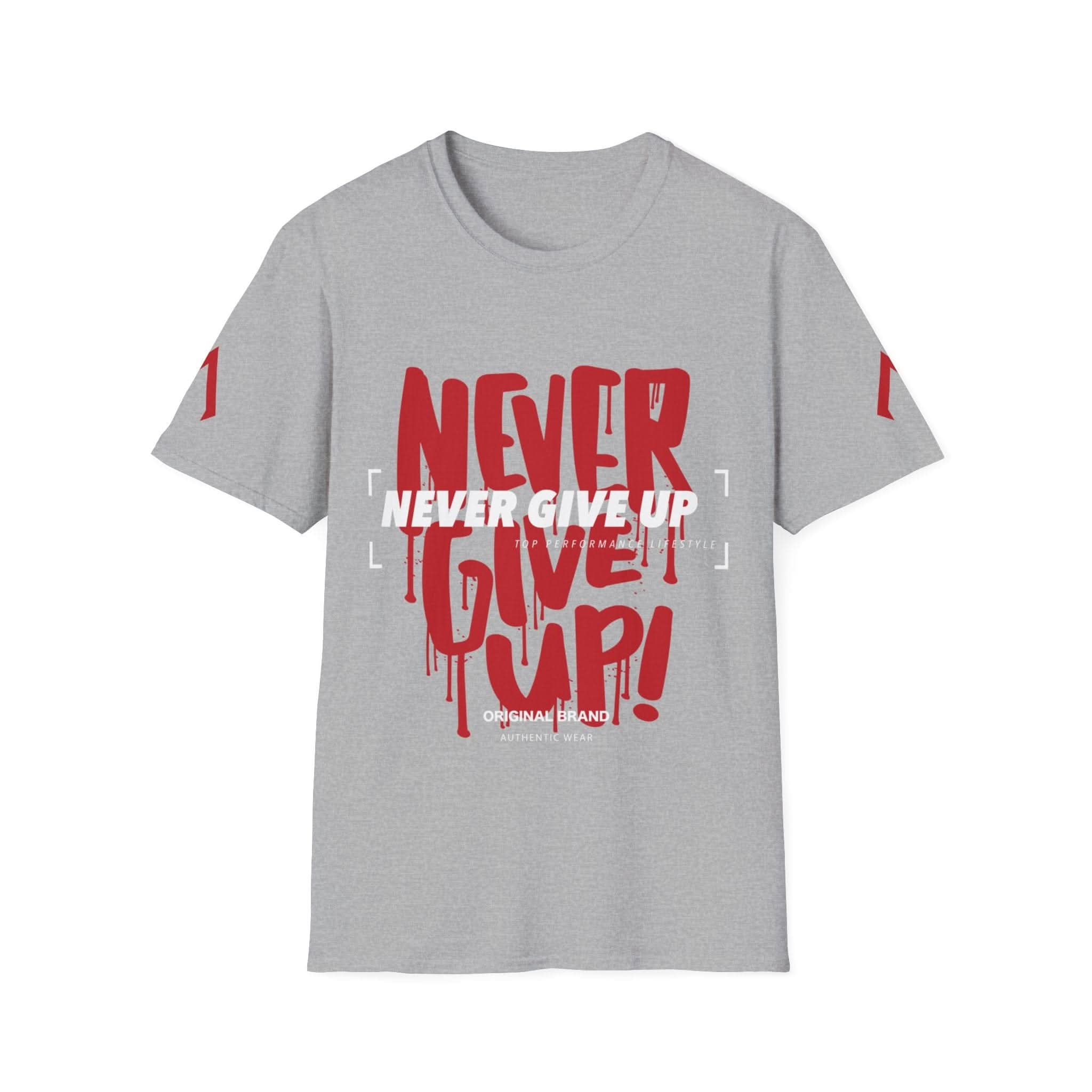 The image shows a light gray t-shirt with a motivational design. The main text, "NEVER GIVE UP," is in large, red, dripping letters resembling graffiti. Overlaid in white bold letters is "NEVER GIVE UP" again, standing out prominently. Below this, in smaller white text, it reads "TOP PERFORMANCE LIFESTYLE." At the bottom, "ORIGINAL BRAND" and "AUTHENTIC WEAR" are printed in white. The design emphasizes persistence and determination.