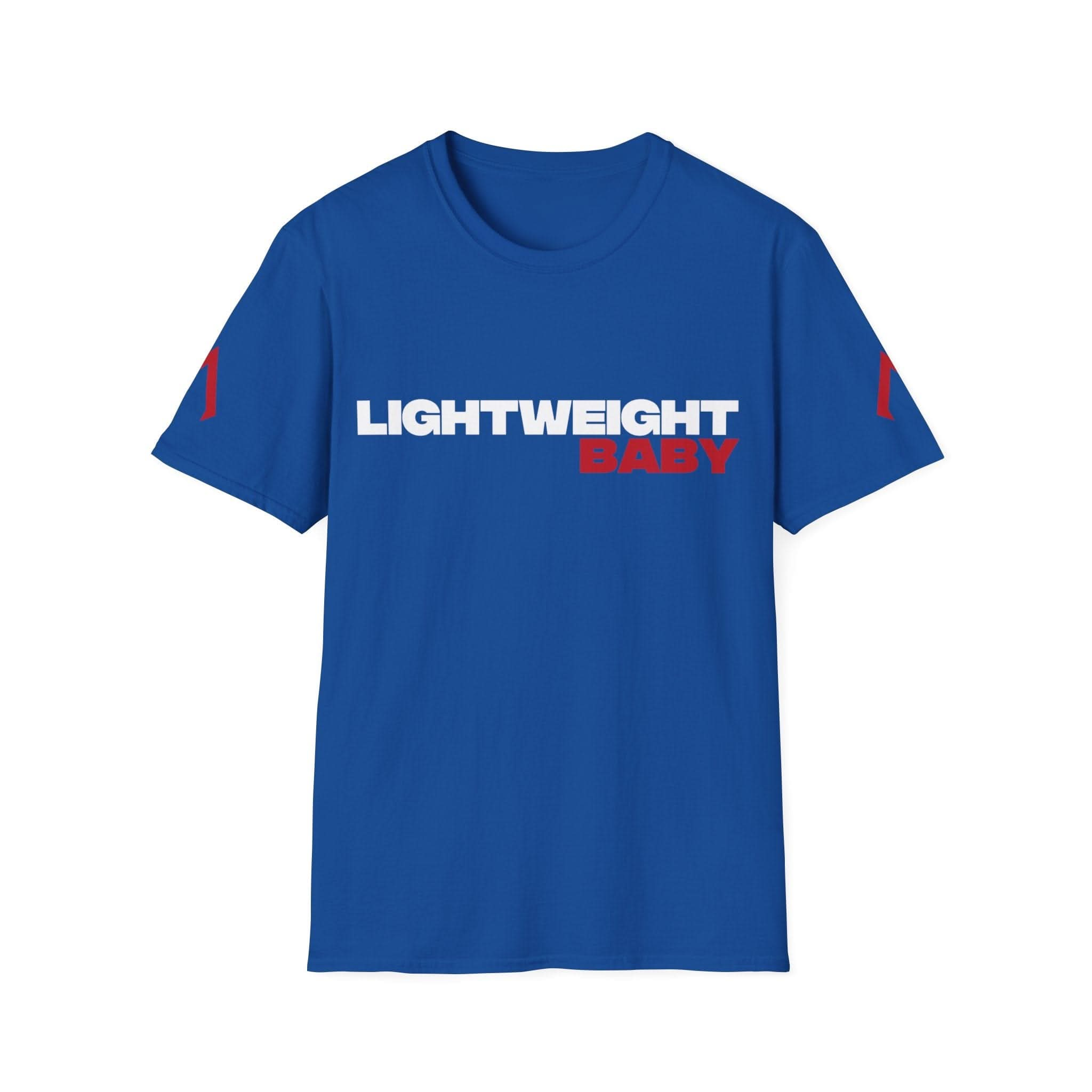 A flat lay photograph of a royal blue softstyle t-shirt is displayed. The shirt is a soft gym shirt with the slogan "lightweight baby" printed in bold white letters across the chest. This cool gym shirt is perfect for workouts and casual wear. The t-shirt, referred to as a "prod t," could also be part of a collection of it department shirts, making it versatile for both gym and office environments. The vibrant color and sleek design make it a standout piece in any wardrobe.