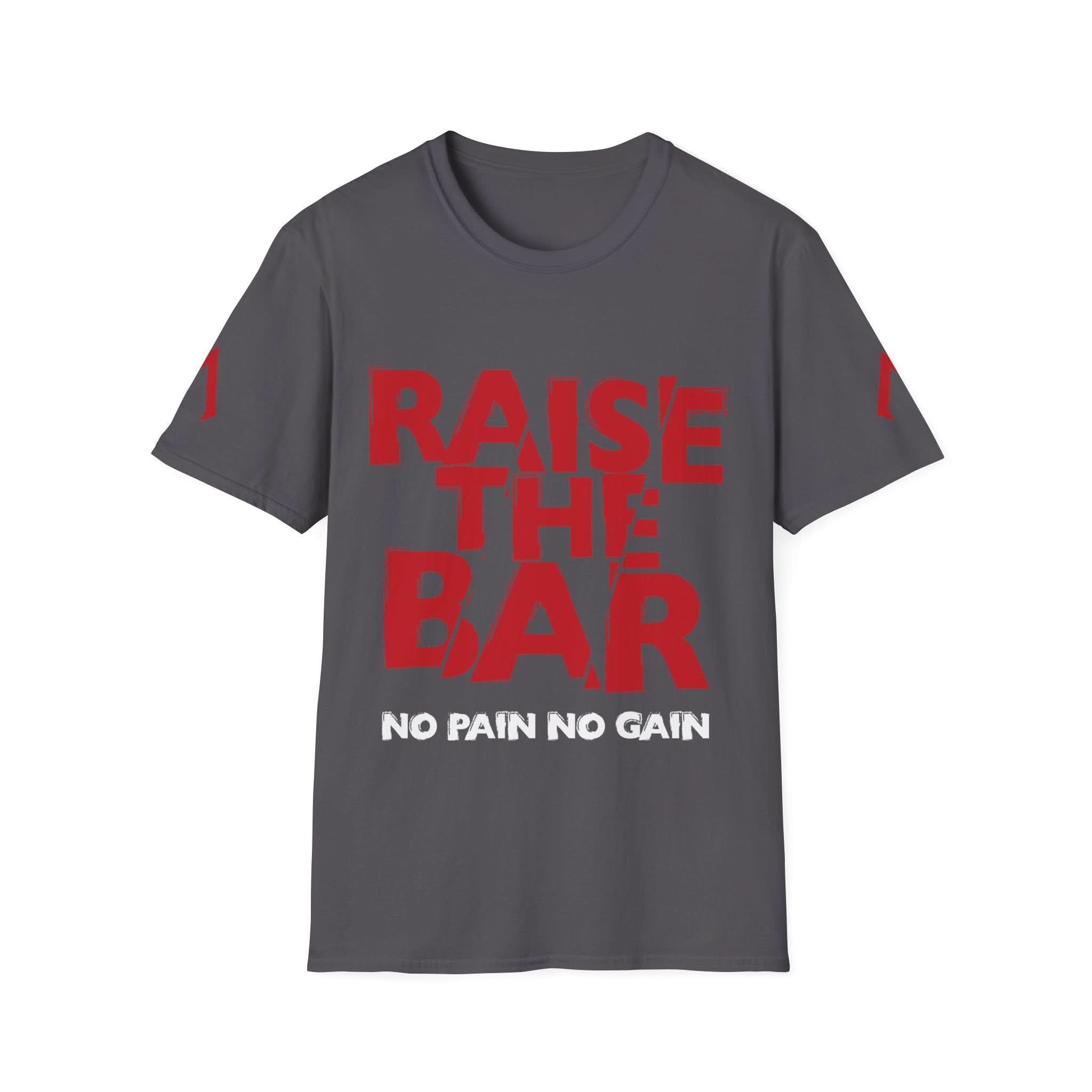 The image shows a dark gray t-shirt with a motivational message. The main text, "RAISE THE BAR," is written in large, bold, red letters with a slightly distressed, broken style. Below this, in smaller white letters, it reads "NO PAIN NO GAIN." The design emphasizes pushing oneself to achieve higher standards and enduring hardship for progress.