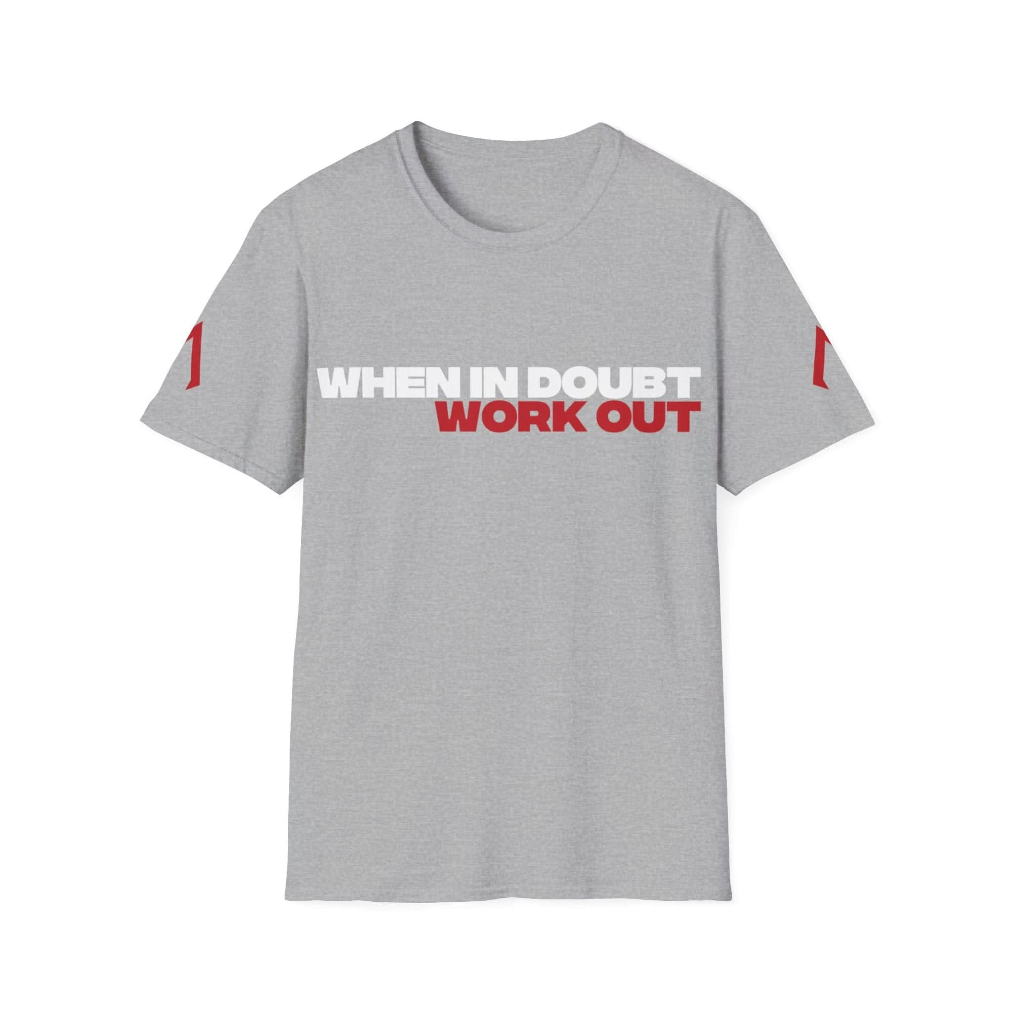 A flat lay photo of a Sport Grey Softstyle Tee, displayed neatly. The Soft gym t shirt with the inspirational slogan "When in doubt, Work Out" is prominently featured in the center. This image highlights its use as exercise shirts, perfect for styling long t shirts. Ideal for anyone looking for a tee shirts that combine comfort and motivation.