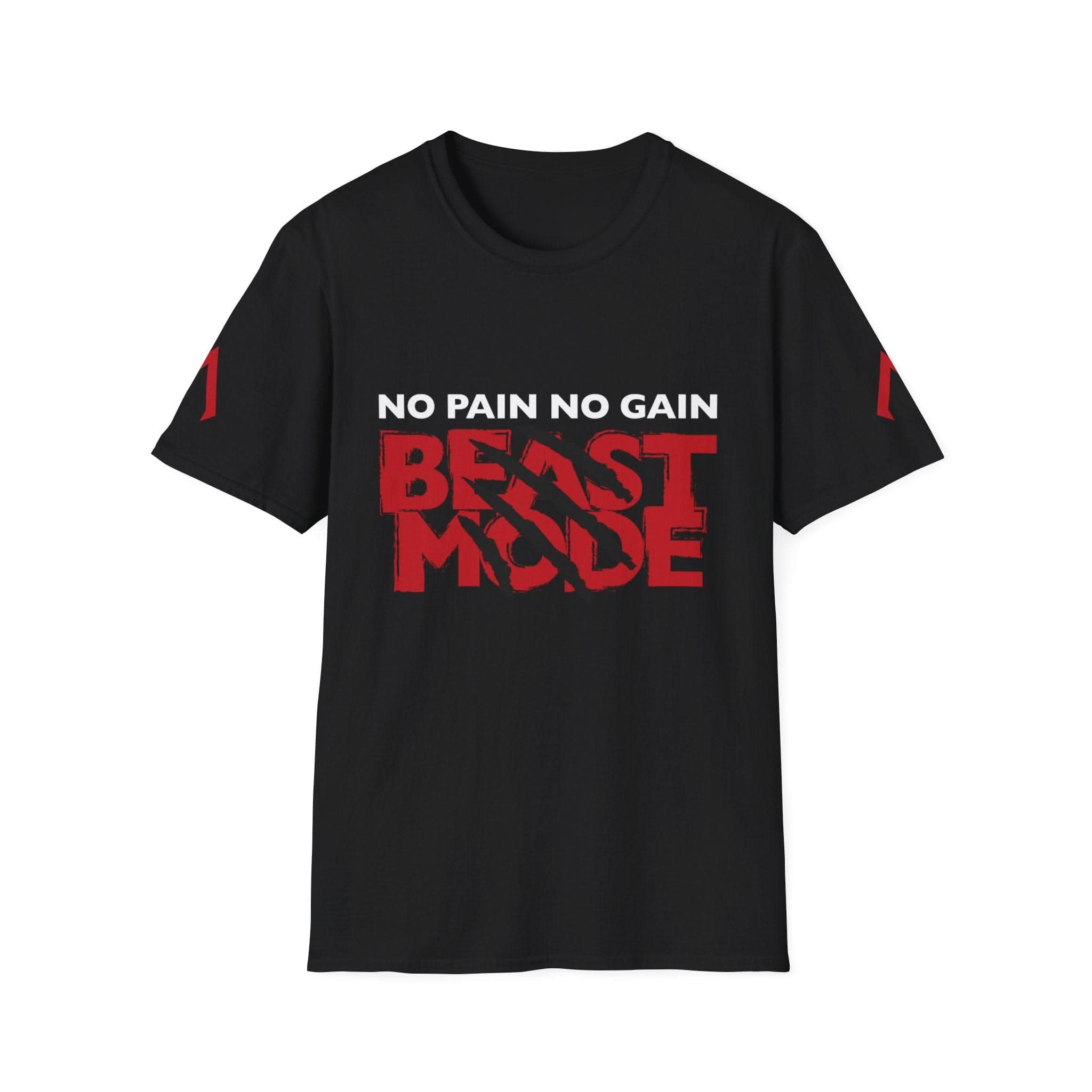 The image shows a Black Softstyle T Shirt featuring the motivational phrase "No Pain No Gain" in white capital letters at the top. Below this, "BEAST MODE" is written in bold red letters with black claw marks slashing through the text. The shirt has red vertical stripes on both sleeves. This t-shirt is part of cheap women's workout clothes available at a gym wear shop near me, and it is also suitable for men's exercise t-shirts.