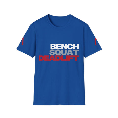 Flat lay of a royal blue softstyle t shirt with the slogan 'Bench Squat Deadlift' on. This Softstyle Tee is part of my apparel collection and is ideal for exercise clothes. Known for being the softest t shirts, it's perfect for workouts and casual wear.