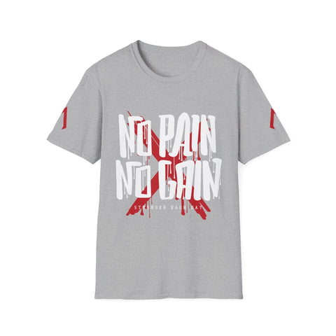 The image shows a light gray t-shirt with a bold, motivational design. The main text, "NO PAIN NO GAIN," is written in large, white, dripping letters, resembling a graffiti style. Behind this text, there is a large red "X" mark. Below the main text, in smaller white letters, it reads "STRONGER EACH DAY." The design emphasizes the importance of enduring hardship to achieve progress and strength.