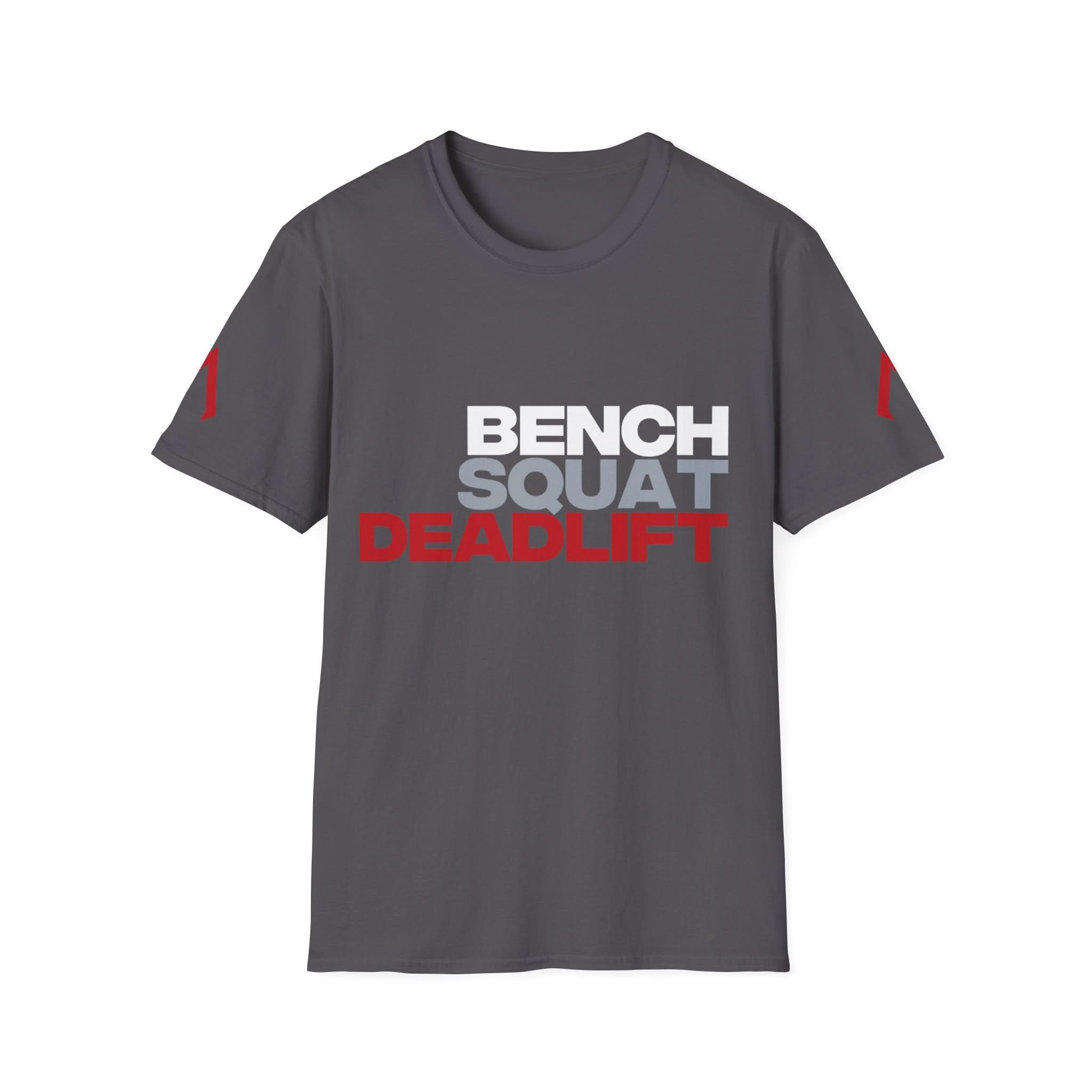 Flat lay of a charcoal Softstyle Tee featuring the slogan 'Bench Squat Deadlift' - Perfect gym apparel, ideal for workout gear near me, and available as sports clothes near me.