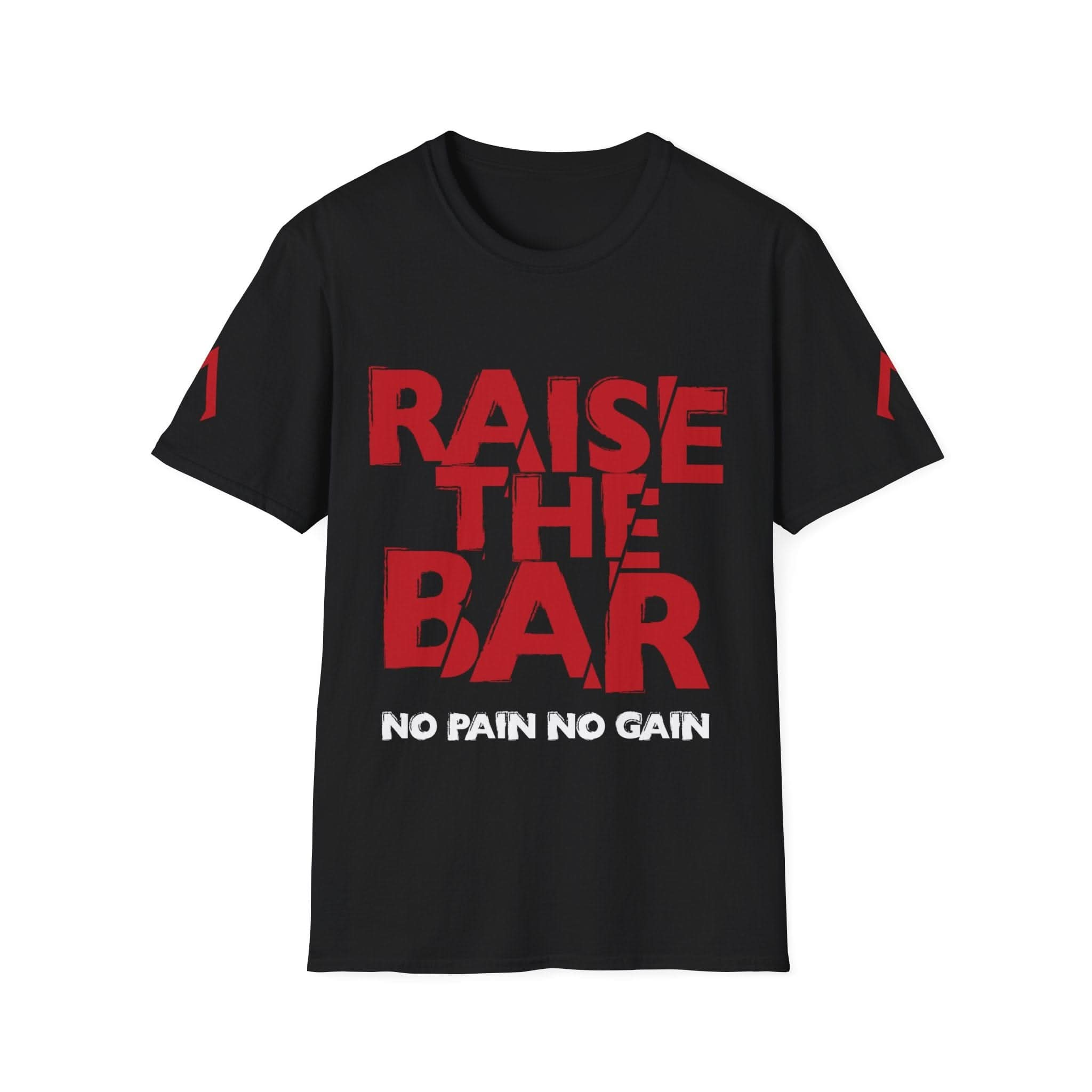 A flat lay photo of a Black Softstyle T Shirt on a white background. This t-shirt, with the slogan "Raise the bar, no pain, no gain" printed boldly on the front, stands out as a motivational piece. The t-shirt is neatly arranged on a white background, emphasizing its role as a fitted gym t shirt. Additionally, a casual button-down shirt is included in the layout, highlighting the versatility of pairing tshirts with shirts for a stylish and functional gym outfit.