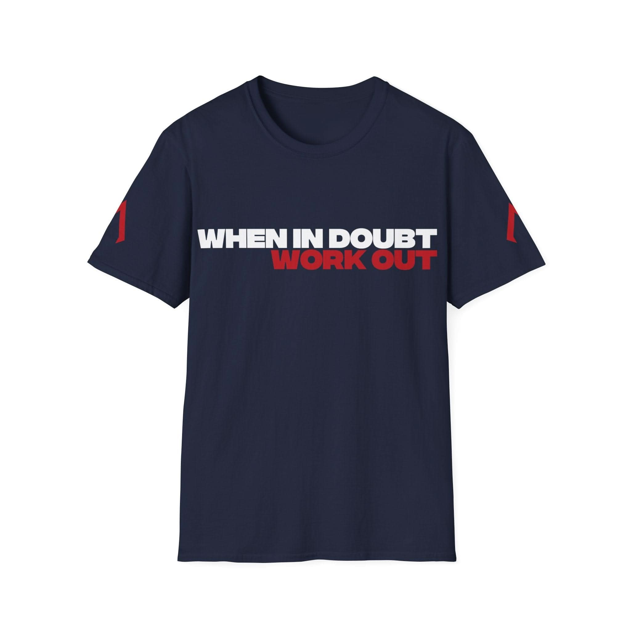 Flat lay of a navy softstyle t-shirt. This soft gym t-shirt with the inspirational slogan 'When in doubt Work Out' is part of the best active wear collection. Perfect as a company tee and a versatile addition to all tee shirts.