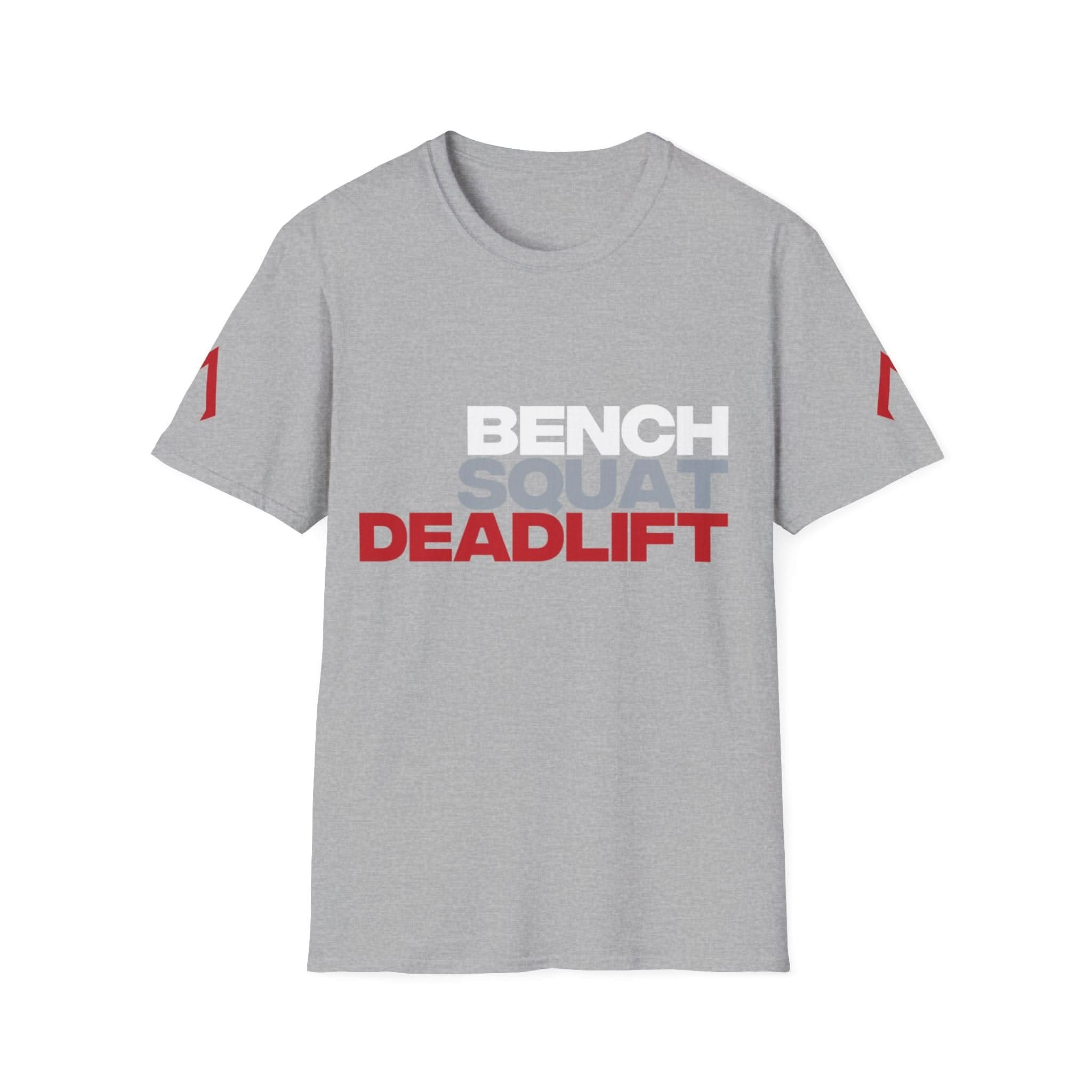 Flat lay of a Sport Grey Softstyle Tee with the slogan 'Bench Squat Deadlift' on - Ideal for cheap workout clothes near me, perfect gym men shirts, and stylish gym wear t shirts for men