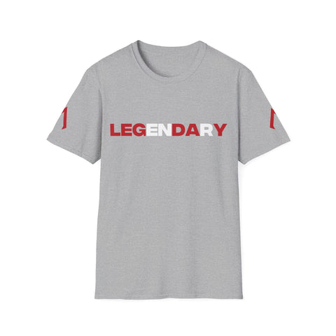 Flat lay of a Sport grey softstyle tee with the slogan 'Legendary' on it, designed as a gym tshirt for women. This Softstyle Tee is a perfect made t option for those thinking 'I need t shirts made.