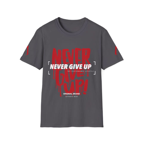 The image shows a dark gray t-shirt with a bold, motivational design. The main text, "NEVER GIVE UP," is in large, red, dripping letters, resembling graffiti. Overlaid in white bold letters is "NEVER GIVE UP" again, standing out prominently. Below, in smaller white text, it reads "TOP PERFORMANCE LIFESTYLE." At the bottom, "ORIGINAL BRAND" and "AUTHENTIC WEAR" are printed in white. The design emphasizes persistence and determination.