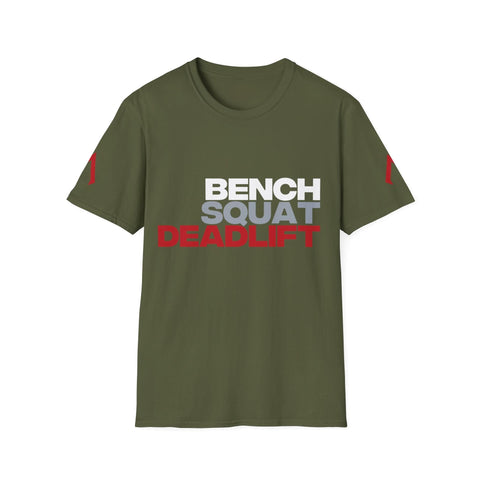 Military Green softstyle T Shirt flat lay - Softstyle Tee with the slogan 'Bench Squat Deadlift' on - Ideal sports active wear - Versatile for activewear men's t shirts - Also perfect as a gym women shirt