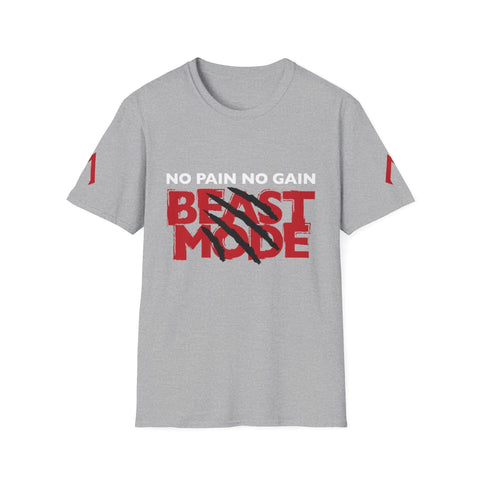 The image shows a sport grey softstyle tee featuring the motivational phrase “No Pain No Gain” in white capital letters at the top. Below this, “BEAST MODE” is written in bold red letters with black claw marks slashing through the text. The shirt has red vertical stripes on both sleeves. This item is part of women’s best gym wear, designed as a tight gym t-shirt ideal for active workout clothes.