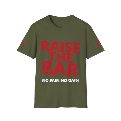 A flat lay photo of a Military Green softstyle T Shirt on a white background. This gym tshirt womens features the slogan "Raise the bar, no pain, no gain" printed prominently on the front, conveying a strong motivational message. The t-shirt is surrounded by a white background. The design showcases the versatility and appeal of this t on tshirt, making it a stylish and functional choice for workouts.