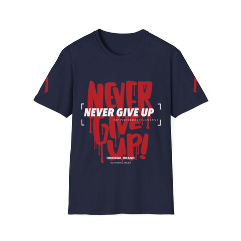 The image shows a dark blue t-shirt with a motivational design. The main text, "NEVER GIVE UP," is in large, red, dripping letters resembling graffiti. Overlaid in white bold letters is "NEVER GIVE UP" again. Below this, in smaller white text, it reads "TOP PERFORMANCE LIFESTYLE." At the bottom, "ORIGINAL BRAND" and "AUTHENTIC WEAR" are printed in white. The design emphasizes persistence and determination.