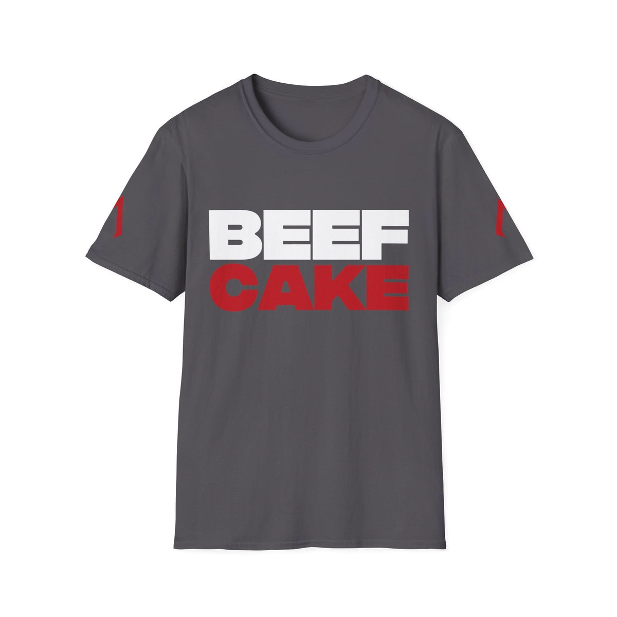 The image shows a charcoal grey softstyle t-shirt with a bold design. The text “BEEF CAKE” is printed in large capital letters, with “BEEF” in white and “CAKE” in red. The shirt also features red vertical stripes on both sleeves. This t-shirt is an example of cool gym wear and is part of the best women’s exercise clothes collection. It is perfect for those looking for cool workout clothes for women.