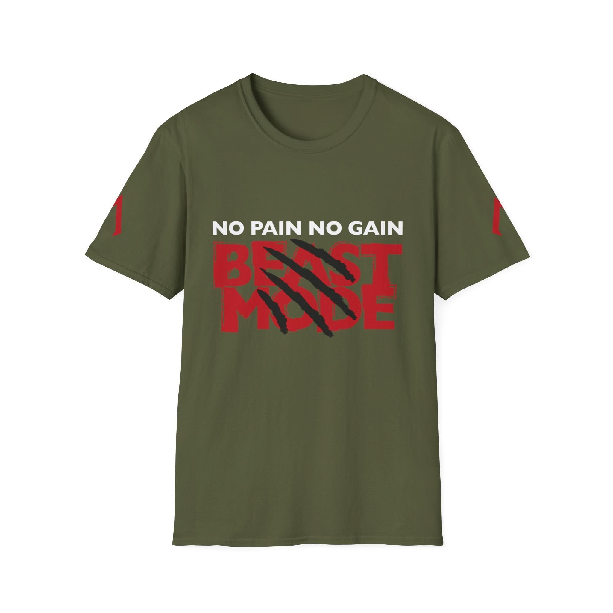 The image shows a Military Green softstyle T Shirt featuring the motivational phrase "No Pain No Gain" in white capital letters at the top. Below this, "BEAST MODE" is written in bold red letters with black claw marks slashing through the text. The shirt has red vertical stripes on both sleeves. This t-shirt is part of the best exercise clothes collection, perfect for gym fit clothing. This stylish and motivational design makes it a standout piece among all my shirts.