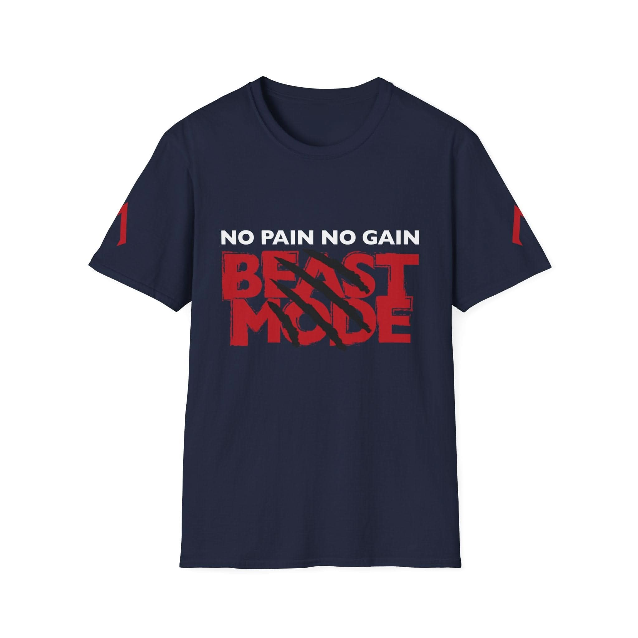 The image shows a navy blue t-shirt with a similar motivational design as the previous one. The text on the t-shirt reads "NO PAIN NO GAIN" in white letters at the top, and "BEAST MODE" in large red letters below. The words "BEAST MODE" have black claw marks slashed through them, giving the design a fierce and rugged appearance. There are also red markings on the sleeves.