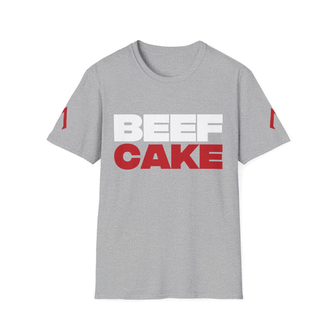 The image shows a light grey softstyle t-shirt with a bold design. The text “BEEF CAKE” is printed in large capital letters, with “BEEF” in white and “CAKE” in red. The shirt also features red vertical stripes on both sleeves. This t-shirt is ideal as a gym tshirt mens, suitable for men’s fitted gym shirts, and serves as a full t-shirt for gym workouts.