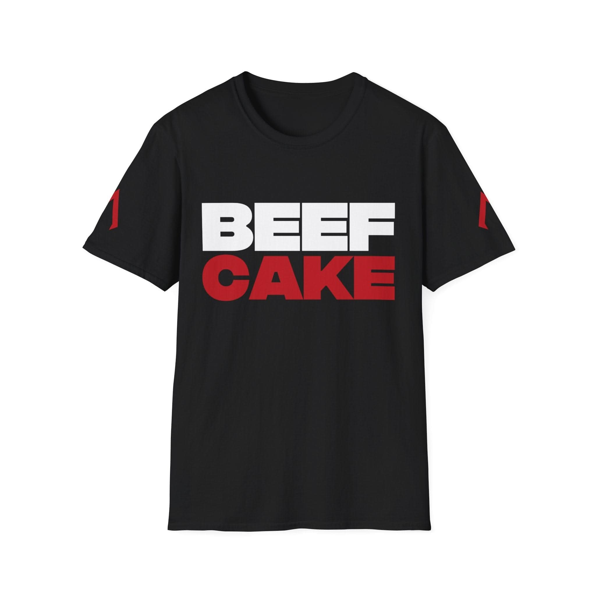 The image shows a black softstyle t-shirt with a bold design. The text “BEEF CAKE” is printed in large capital letters, with “BEEF” in white and “CAKE” in red. The shirt also features red vertical stripes on both sleeves. This t-shirt is ideal for best gym workout clothes, perfect as a men gym tshirt, and stands out as a gym best t-shirt.