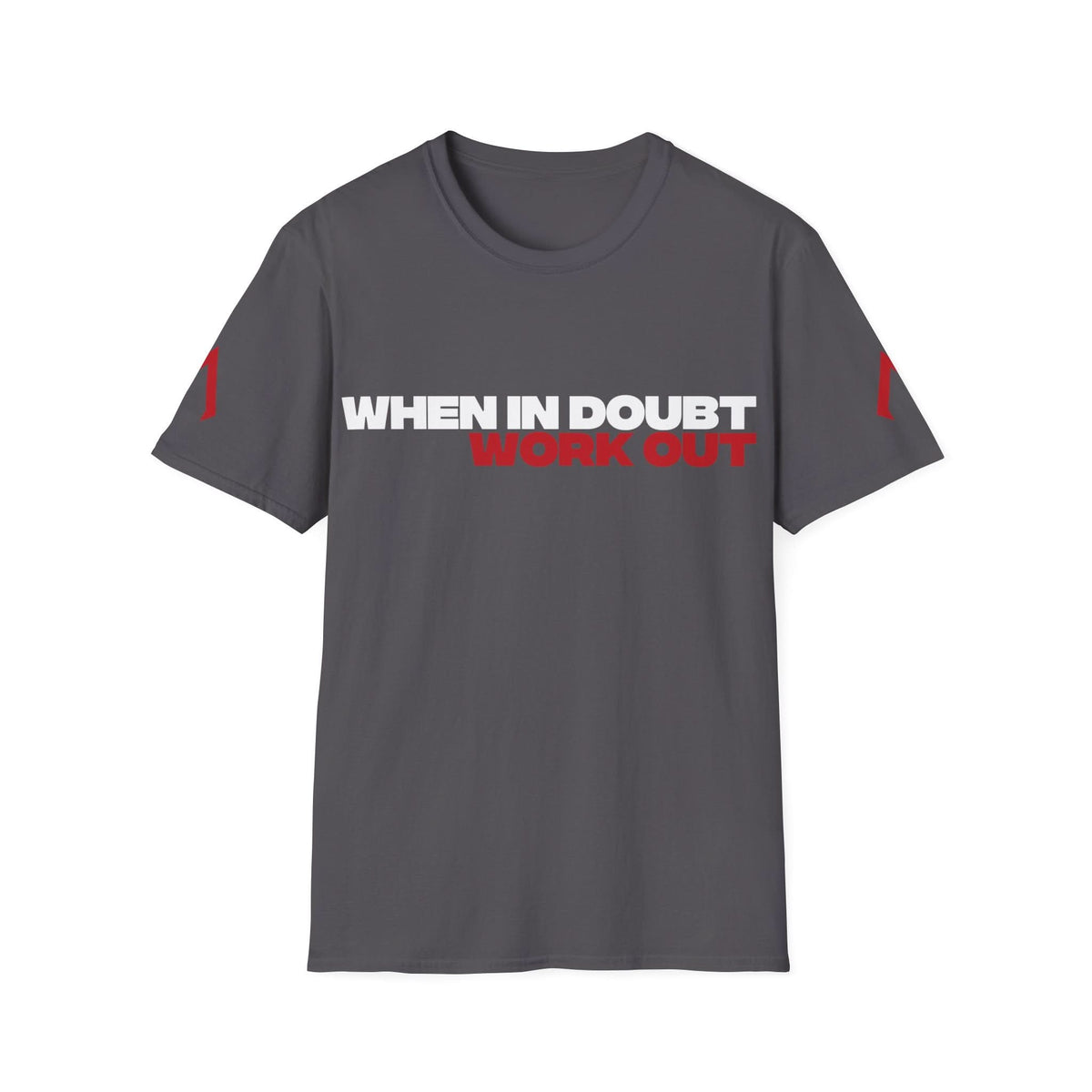 Flat lay photo of a charcoal softstyle tee - Soft gym t shirt with the inspirational slogan 'When in doubt Work Out' - Perfect workout tee shirts for women - Ideal for stock apparel - Great for shopping tshirts