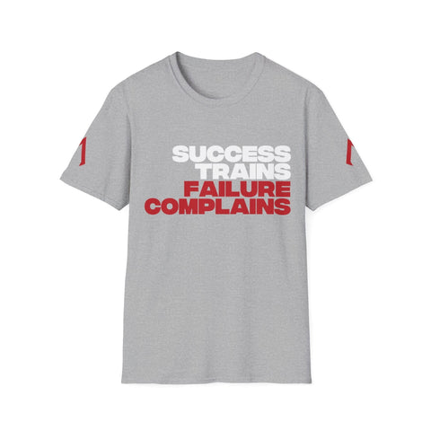 Sport grey softstyle tee - Fitted gym tee with the motivational slogan 'success trains, failure complains' - Mens gym tshirt from a fitness gear brand - Ideal submission shirts for workouts.