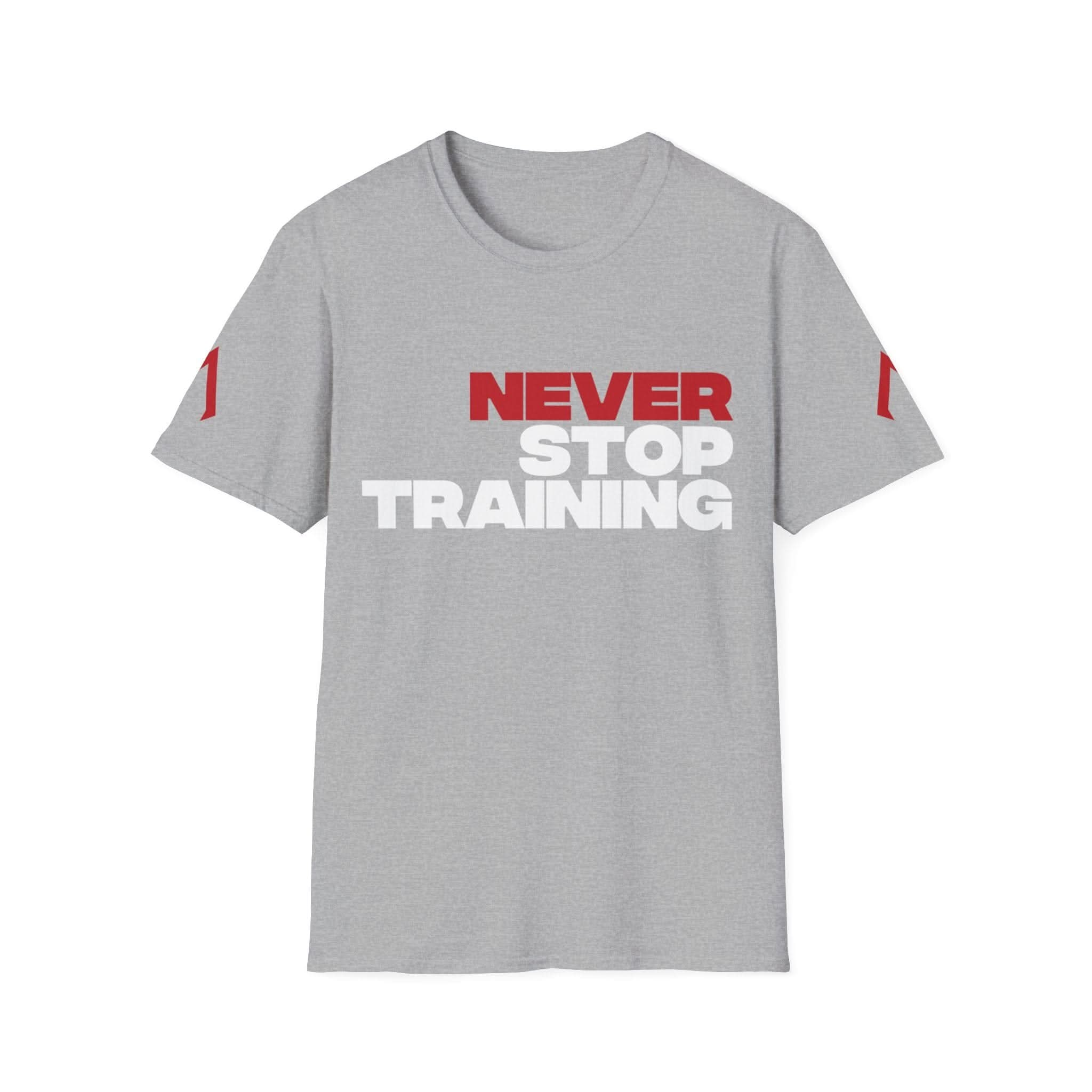 Sport grey softstyle tee - Flat lay of a fitted gym t shirt with the motivational quote 'Never Stop Training' - Ideal for those searching for workout clothes near me and active wear stores near me - Featuring a dynamic design on the shirt