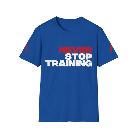 Flat lay of a royal blue softstyle t shirt, a fitted gym t shirt with the motivational quote 'Never Stop Training.' Ideal for mens fit t shirts, this piece of active sport clothing showcases stylish shirts and designs