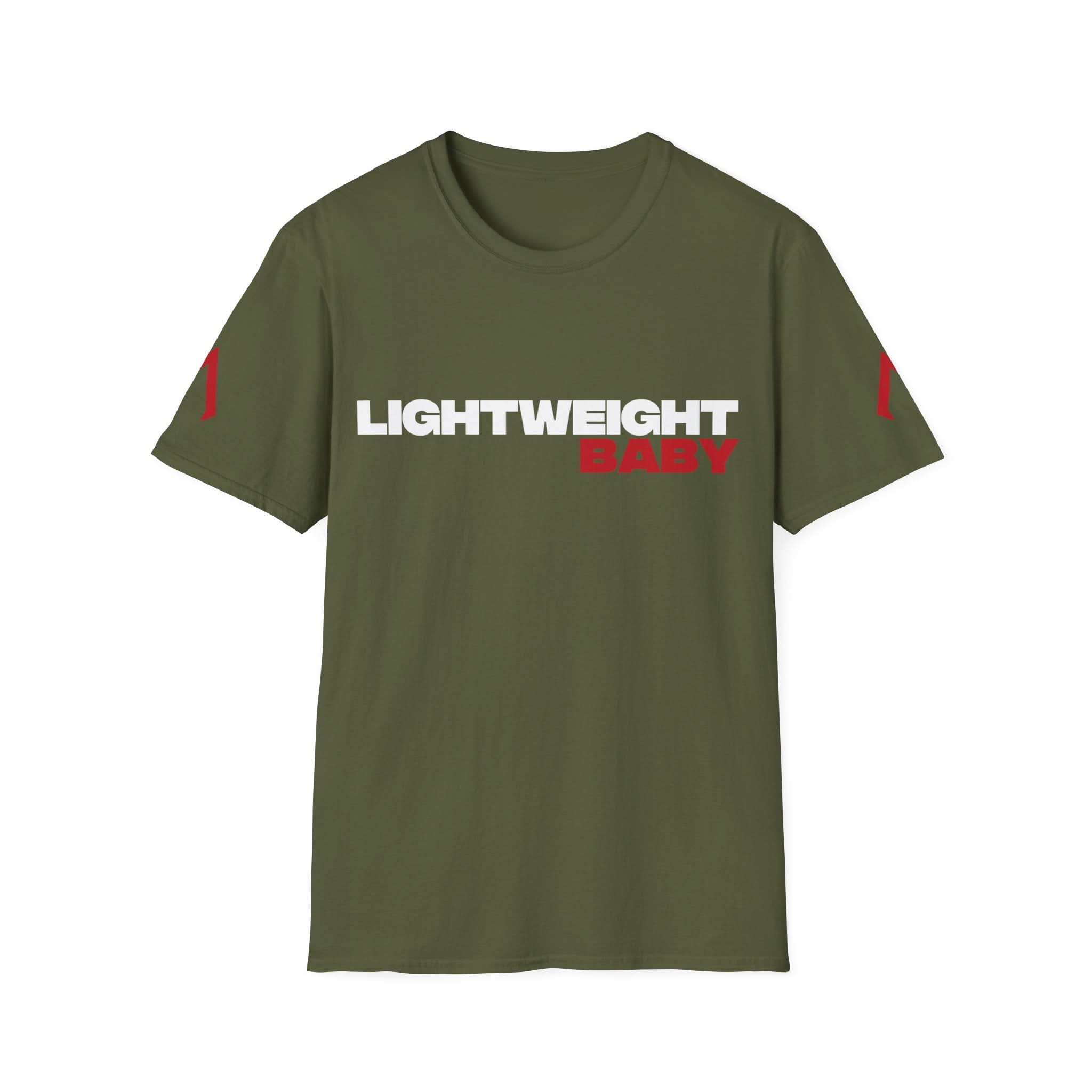 Flat lay photo of a Military Green softstyle T Shirt. This soft gym shirt features the slogan "lightweight baby" prominently displayed on the front. It is part of a collection of sports t shirts for women, designed as the best clothes for exercise. The shirt highlights the quality and comfort of small business tee shirts.