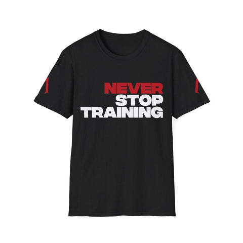 Flat lay of a Black Softstyle T Shirt - A fitted gym t shirt with the motivational quote 'Never Stop Training' - Ideal for those looking for cheap gym clothes womens - Perfect addition to any active wear shop near me - t shirt en