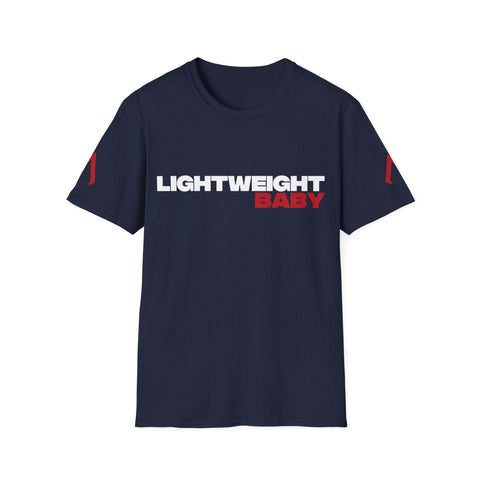 Flat lay of a navy softstyle t-shirt with the slogan 'lightweight baby' on, perfect for cheap active wear from fit wear stores, ideal for your next tee order.