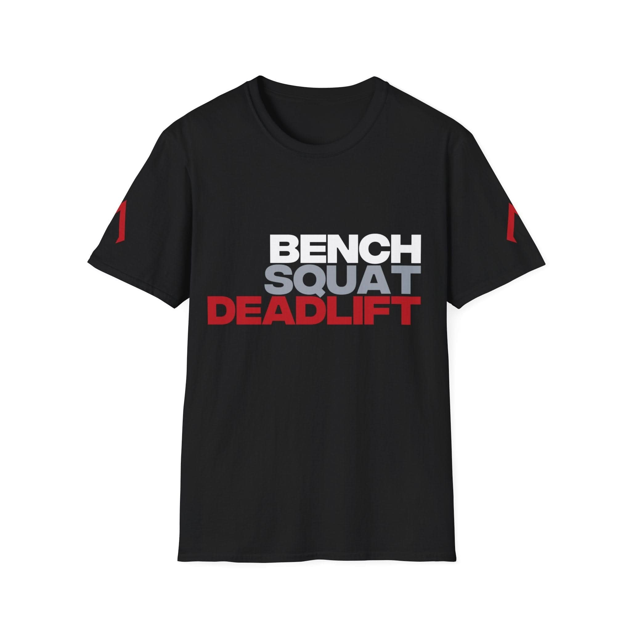 Flat lay of a Black Softstyle T Shirt, a Softstyle Tee with the slogan 'Bench Squat Deadlift' on, ideal as sports wear for women, showcasing soft cheap t shirts. Perfect if you need t shirts for your business.