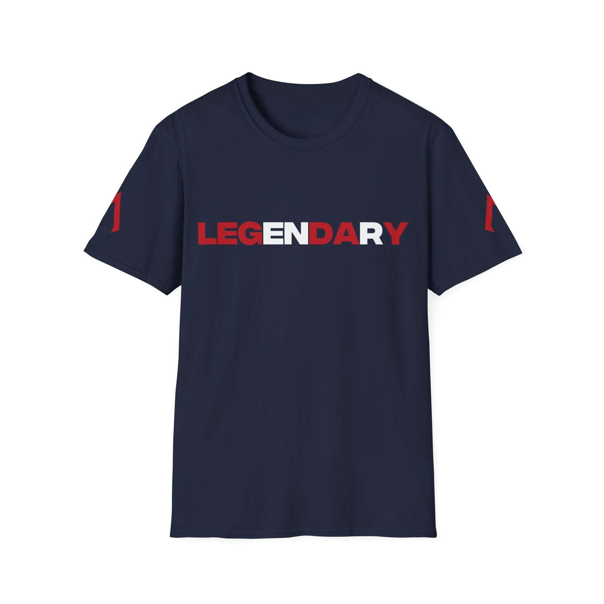 Flat lay of a navy softstyle t-shirt. The Softstyle Tee with the slogan 'Legendary' on it is one of the best workout t shirts. This popular t is perfect for those searching for business t shirts near me.