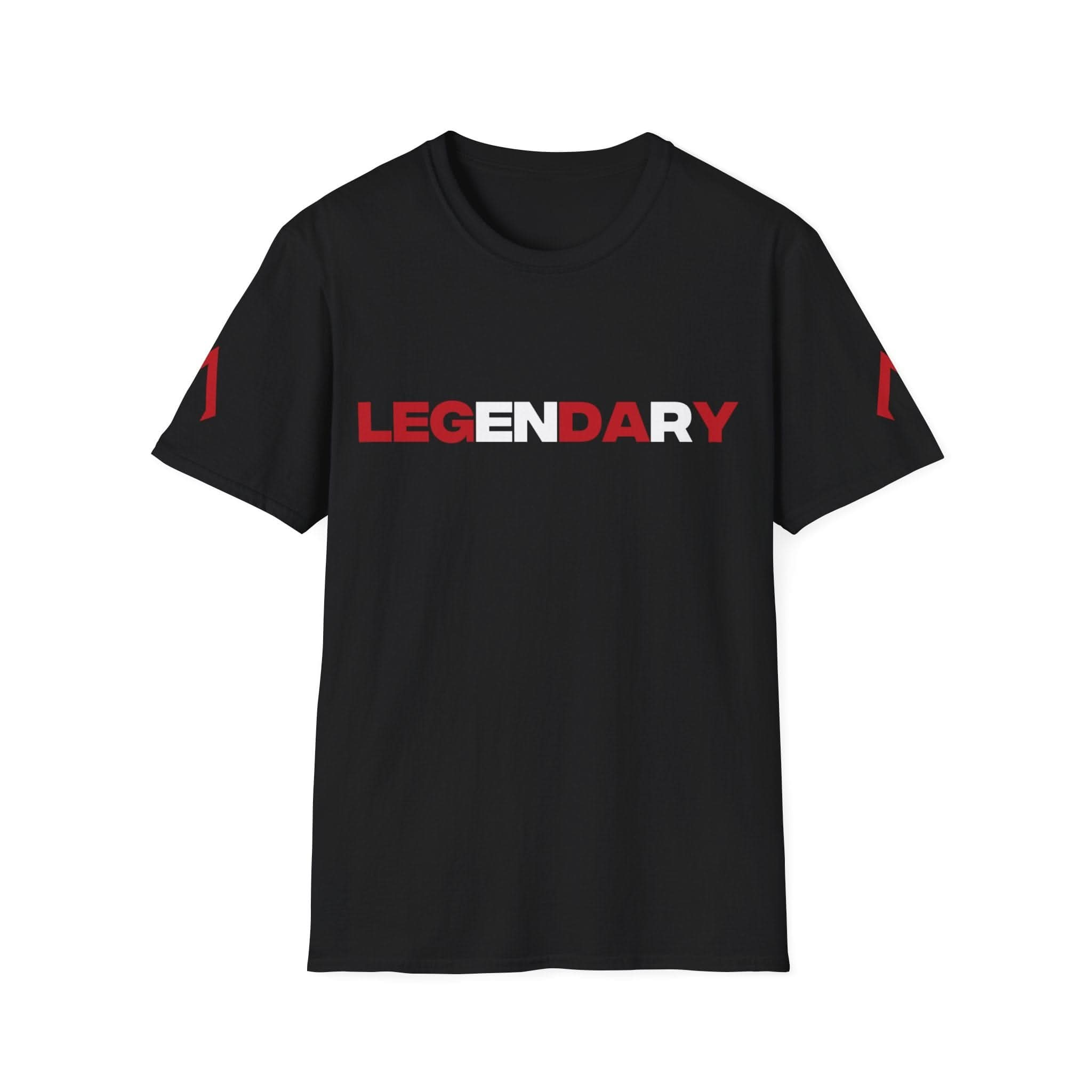 Flat lay of a Black Softstyle T Shirt - Softstyle Tee with the slogan 'Legendary' on - ideal as exercise clothes for women, made in t, and comfortable workout shirts.