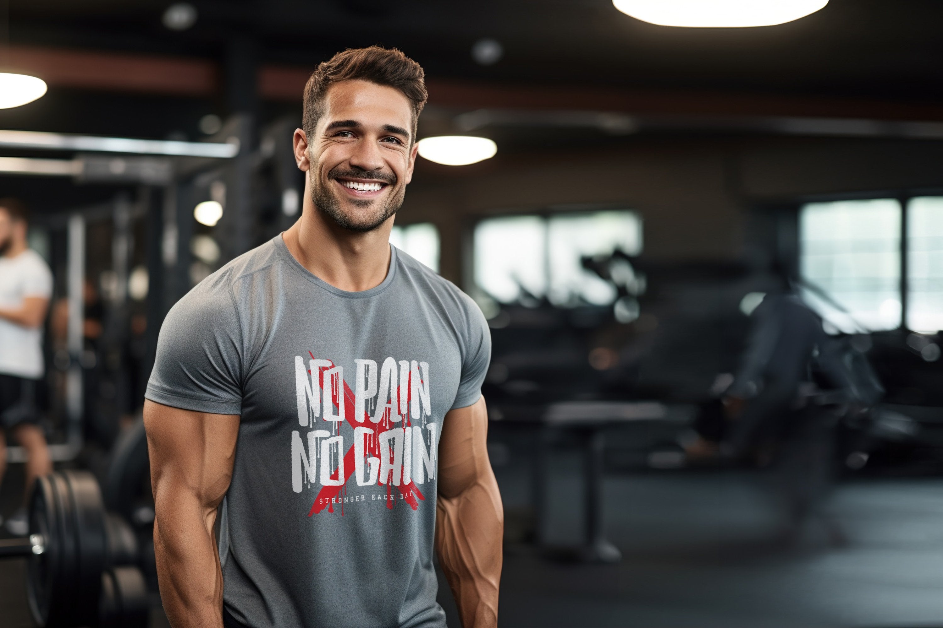 muscular man wearing a charcoal grey t shirt with the slogan no pain no gain on in white with a large red cross behind. The man stands in a well equipped gym.